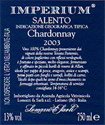 "Imperium IGT vino blanco Chardonnay" "Salento" Chardonnay 100% Las uvas son seleccionadas y transportadas en carros peque�os. Despues del proceso de produccion del vino viene depositado por 6 meses en barriles de madera Alcohol 12,50 % vol. Total acidez 4,70 g/l Total dioxido de sulfuro 60 mg/l pH 3,74 perfecto con sopas de pescado, langostas y camarones. Vino que se combina con quesos y hierbas Vino blanco Italiano para Distribuidores en latinoamerica.