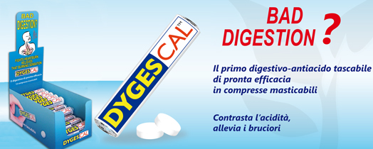 DYGESCAL Con calcio carbonato, sodio bicarbonato ed enzimi digestivi (Enzymix®) rappresenta un sostegno al normale funzionamento del processo digestivo. LA DIGESTIONE consiste in una serie di trasformazioni fisico-chimiche alle quali vengono sottoposti gli alimenti e permette l'assimilazione delle sostanze nutritive. L'acidità è una fastidiosa sensazione legata all'aumento da parte dello stomaco di acido cloridrico, normalmente necessario, in quantità regolari, per la digestione. E’ alta la percentuale delle persone che soffrono di dispepsia ossia di disturbi attribuiti alla regione gastroduodenale e riferiti alla parte alta dell'addome (fra ombelico e parte inferiore dello sterno). Agitazione, ansia e stress od una alimentazione scorretta si ripercuotono a livello gastroenterico con intensità diversa fra i vari soggetti e possono aggravare i problemi di "cattiva digestione". Il cibo che sembra pesare sullo stomaco, la sensazione di aver mangiato troppo già dopo i primi bocconi, la pancia gonfia e dolente quando ci si alza da tavola, malessere generale: ecco descritti alcuni sintomi caratteristici di cattiva digestione che si manifestano subito dopo il pasto