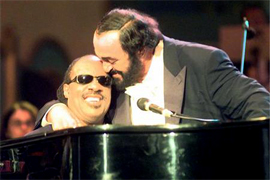 STEVE WONDER AND PAVAROTTI Luciano Pavarotti and his Friends, an organization created to help and support carity organizations around the world, a big concert every summer in Modena Italy with Brian May from Queen, Steve Wonder, George Michael, Zucchero, Laura Pausini, Lady Diana as special guest, The Spice girls, Andrea Bocelli, Bono from U2, Liza Minelli, and an incredible list of international guest coming to help childrens as Luciano's Friends